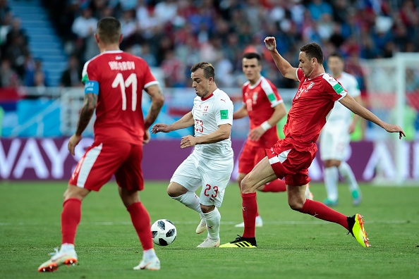 Sheridan Shaqiri of Switzerland and Nemanja Matic of Serbia in action during the 2018 FIFA World Cup Russia group E match between Serbia and Switzerland at the Kaliningrad Stadium in Kaliningrad, Russia, on June 22, 2018. Switzerland beat Serbia,Switzerland vs Serbia,Switzerland beat Serbia by 2-1,FIFA World Cup,FIFA World Cup 2018,Group E clash,Kaliningrad Stadium