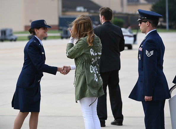 US First Lady Melania Trump departs Andrews Air Rorce Base in Maryland June 21, 2018 wearing a jacket emblazoned with the words 'I really don't care, do you?' following her surprise visit with child migrants on the US-Mexico border. Melania Trump,US First Lady Melania Trump,Melania Trump first lady,I really don't care,Melania Trump wears 'I really don't care' coat