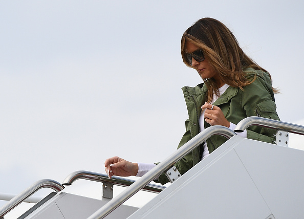 US First Lady Melania Trump departs Andrews Air Rorce Base in Maryland June 21, 2018 following her surprise visit with child migrants on the US-Mexico border. Melania Trump,US First Lady Melania Trump,Melania Trump first lady,I really don't care,Melania Trump wears 'I really don't care' coat
