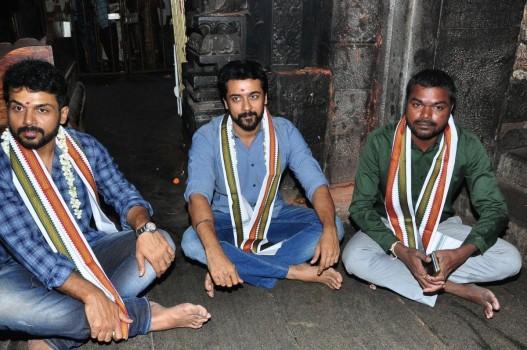 The ever charming Suriya Sivakumar and Karthi visited Simhachalam temple with Chinna Babu director Pandiraj ahead of audio launch. Chinna Babu is an upcoming Telugu movie Starring Karthi and Sayyeshaa in the lead role, while Priya Bhavani Shankar, Arthana Binu, Sathyaraj, Bhanupriya appears in the supporting role. The film's soundtrack album and background score were composed by D. Imman. The film also made in Tamil as Kadaikutty Singam. In 