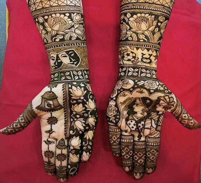 "There are elements from our wedding invite too. There’s a crab, as I am Cancerian, there’s a football as it’s his first love, apparently. Then there’s an umbrella, champagne glasses, sunglasses a starfish and bride and groom figurines. I love lotuses, birds and fish, so they are also in my mehendi in abundance, all over!" the gushing bride said of her rather unconventional mehendi. Shweta Tripathi,Shweta Tripathi Mehendi ceremony,Shweta Tripathi Mehendi ceremony pics,Shweta Tripathi Mehendi ceremony images,Shweta Tripathi Mehendi ceremony stils,Chaitanya Sharma,Shweta Tripathi wedding,Shweta Tripathi marriage