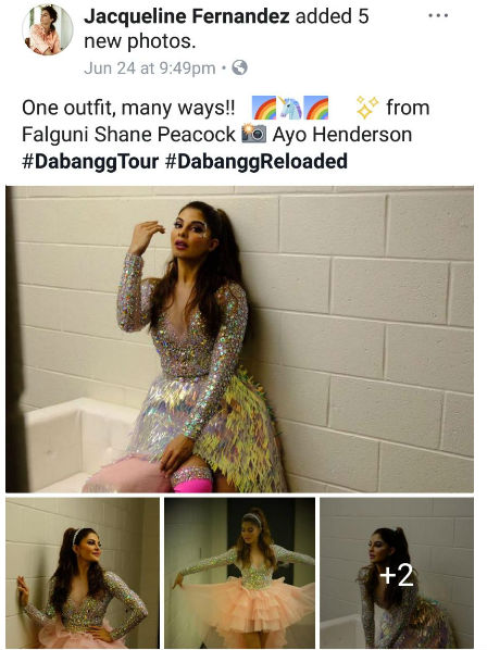 Jacqueline Fernandez, who is well known for her top-notch fashion statement has experimented with her outfits at the Dabangg Tour. The actress opted for one single outfit and experimented it with multiple variations for all her performance. Jacqueline was seen wearing Falguni Shane Peacock collection, which made the actress look like a diva. Talking about the experiments, Jacqueline posted various picture captioning, "One outfit, many ways!! ???????????? ✨ from Falguni Shane Peacock ????Ayo Henderson #DabanggTour #DabanggReloaded". In her first look the actress has attached a furry skirt in another she teamed it up with a net skirt. One look saw her attaching extensions to the outfits and the other had frills. Race 3 actress Jacqueline Fernandez,Jacqueline Fernandez,Jacqueline Fernandez outfits,Jacqueline Fernandez dress,Jacqueline Fernandez at Dabangg Tour,Jacqueline Fernandez Dabangg Tour,Jacqueline Fernandez Dabangg Tour pics,Jacqueline Fernandez Dabangg Tou