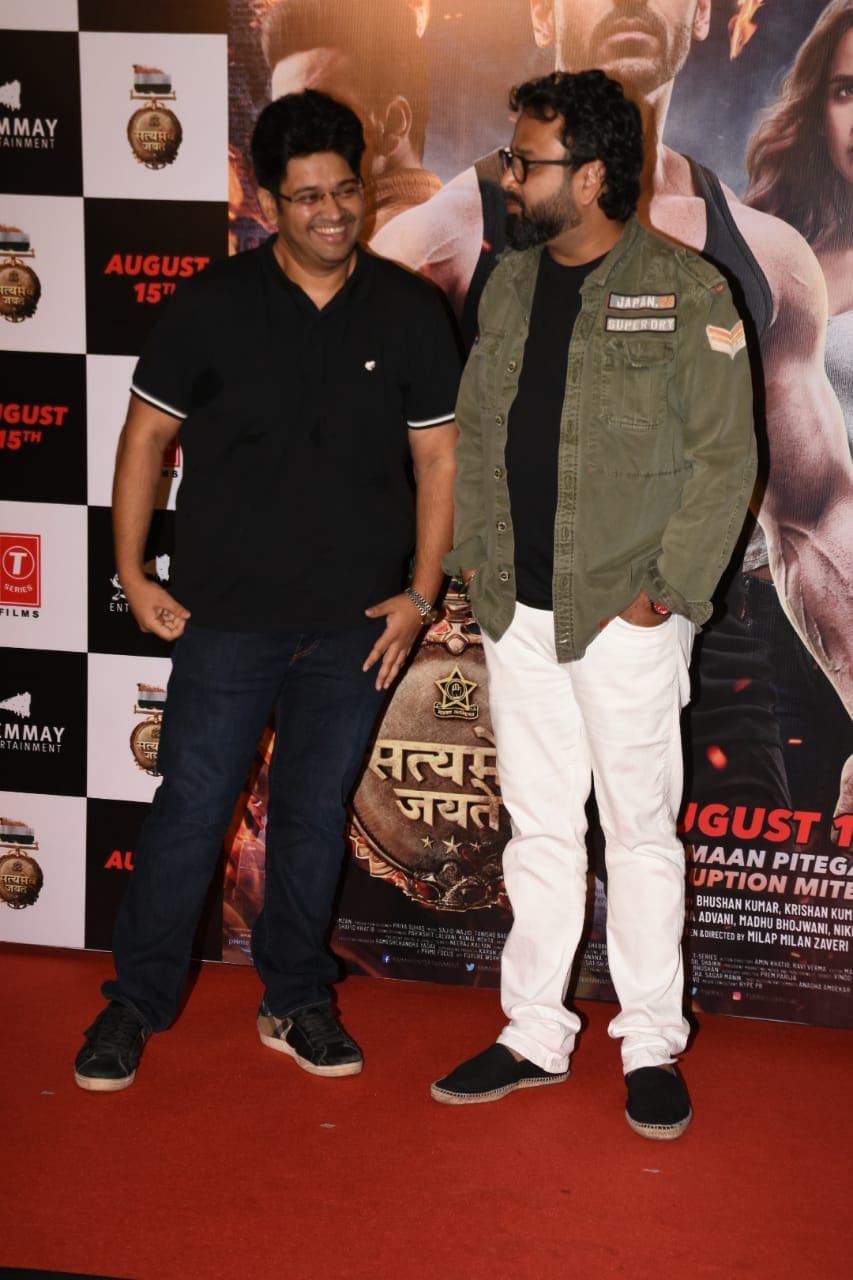 Milap Milan Zaveri and Nikkhil Advani at Satyaameva Jayate trailer launch. Bhushan Kumar,Manoj Bajpayee,Milap Milan Zaveri,Aisha Sharma,Amruta Khanvilkar,John Abraham,Satyaameva Jayate trailer,Satyaameva Jayate trailer launch pics,Satyaameva Jayate trailer launch images,Satyaameva Jayate trailer launch stills,Satyaameva Jayate t