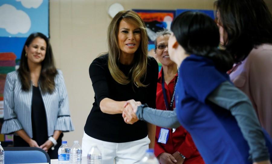 U.S. first lady Melania Trump greets attendees at a roundtable discussion as she arrives to tour the Southwest Key Programs Campbell immigration detention facility for children run by the U.S. Department of Health and Human Services in Phoenix, Arizona, U.S. Melania Trump,first lady melania trump,Arizona border detention center,detention center,Arizona detention center