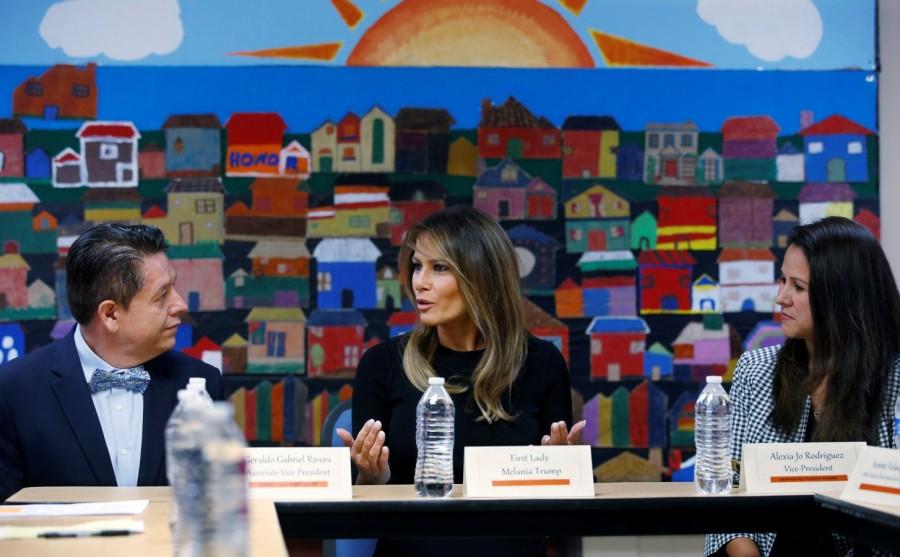 U.S. first lady Melania Trump speaks with Southwest Key Programs Associate Vice President Geraldo Gabriel Rivera (L) and Alexia Jo Rodriguez (R) during a roundtable discussion at the Southwest Key Programs Campbell immigration detention facility for children run by the U.S. Department of Health and Human Services in Phoenix, Arizona, U.S. Melania Trump,first lady melania trump,Arizona border detention center,detention center,Arizona detention center
