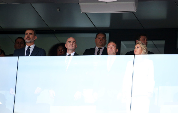 King Felipe VI of Spain, FIFA President Gianni Infantino, Prime Minister of Russia Dmitry Medvedev and his wife Svetlana Medvedeva during the 2018 FIFA World Cup Russia Round of 16 match between Spain and Russia at Luzhniki Stadium on July 1, 2018 in Moscow, Russia. FIFA World Cup 2018,FIFA World Cup,Russian PM,Russian PM,Spanish King,Dmitry Medvedev,Felipe VI of Spain
