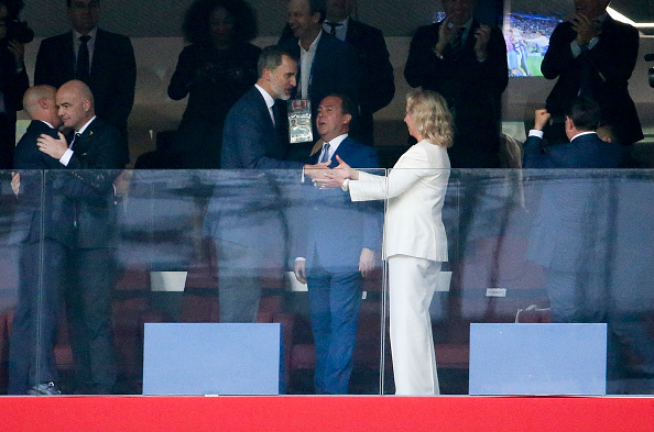King Felipe VI of Spain congratulates Prime Minister of Russia Dmitry Medvedev and his wife Svetlana Medvedeva for the victory on a penalty shootout following the 2018 FIFA World Cup Russia Round of 16 match between Spain and Russia at Luzhniki Stadium on July 1, 2018 in Moscow, Russia. FIFA World Cup 2018,FIFA World Cup,Russian PM,Russian PM,Spanish King,Dmitry Medvedev,Felipe VI of Spain