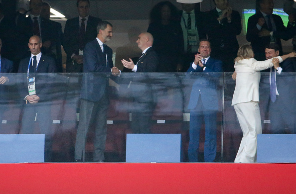 Prime Minister of Russia Dmitry Medvedev and his wife Svetlana Medvedeva (right) celebrate the victory of Russia on penalty shootout while President of Spanish Football Federation RFEF Luis Rubiales and King Felipe VI of Spain are dejected while FIFA President Gianni Infantino looks on following the 2018 FIFA World Cup Russia Round of 16 match between Spain and Russia at Luzhniki Stadium. FIFA World Cup 2018,FIFA World Cup,Russian PM,Russian PM,Spanish King,Dmitry Medvedev,Felipe VI of Spain