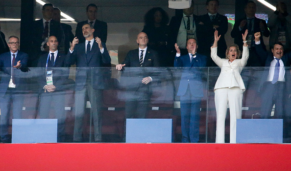 Prime Minister of Russia Dmitry Medvedev and his wife Svetlana Medvedeva (right) celebrate the victory of Russia on penalty shootout while President of Spanish Football Federation RFEF Luis Rubiales and King Felipe VI of Spain are dejected while FIFA President Gianni Infantino looks on following the 2018 FIFA World Cup Russia Round of 16 match between Spain and Russia at Luzhniki Stadium on July 1, 2018 in Moscow, Russia. FIFA World Cup 2018,FIFA World Cup,Russian PM,Russian PM,Spanish King,Dmitry Medvedev,Felipe VI of Spain