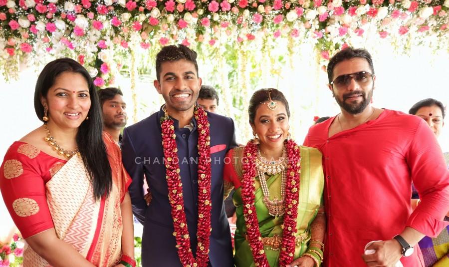 Srimurali his wife Vidya at Yuva Rajkumar and Sridevi engagement. Shivaraj Kumar,Puneeth,Ambareesh,Srimurali,Puneeth Rajkumar,Srimurali wife Vidya,Sumalatha,Rockline Venkatesh,Yuva Rajkumar and Sridevi,Yuva Rajkumar and Sridevi engagement,Yuva Rajkumar and Sridevi engagement pics,Yuva Rajkumar and Sridevi engagement ima