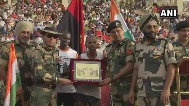Ultra-Marathon runner Sameer Singh, who completed marathon run of 13,750 Km in a span of seven months and six days, was felicitated at Attari-Wagah border on Friday. He had registered himself in 'Bharat Ke Veer' app and travelled all around the country to complete his run. Sameer began his journey on December 1 from Wagah before he travelled towards Kanyakumari, Kolkata, all the states of North-East, Nepal border, and from the Himalayas he reached Jammu through Srinagar. He faced all the tough climates and challenges to scale distance of 13,750 km across India.