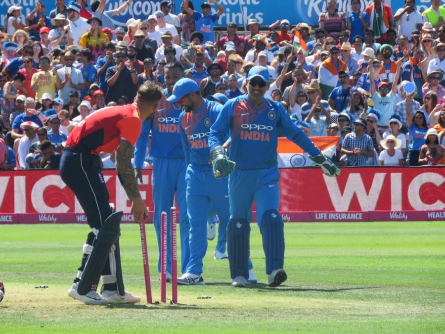Later, Stokes holed out to Kohli at mid off and once again in the same over Bairstow, who was looking good after smacking two fours and sixes, nicked a half volley to the keeper. The rest of the batsmen could not take England past the 200-mark but still posted a more than par total. Ind vs Eng,India beat England,Rohit Sharma,Rohit Sharma Ton,Rohit Sharma century,India wins series,County Ground,India trash England,Virat Kohli,Dhoni