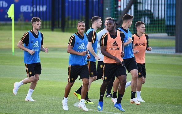Belgium's midfielder Youri Tielemans (C) and Belgium's forward Michy Batshuayi (C) take part in a training session of Belgium's national football team at the Guchkovo Stadium in Dedovsk, outside Moscow, on July 8, 2018, ahead of their Russia 2018 World Cup semi-final football match against France. FIFA World Cup,FIFA World Cup 2018,Belgium begin preparations,Belgium vs France,Belgium vs France semi-final,Belgium vs France semi-final pics,Belgium vs France semi-final images,Belgium vs France semi-final stills