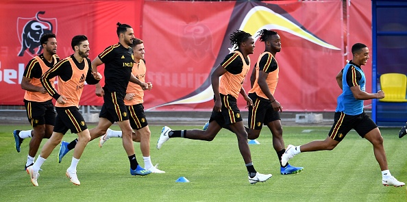 Belgium's team players take part in a training session of Belgium's national football team at the Guchkovo Stadium in Dedovsk, outside Moscow, on July 8, 2018, ahead of their Russia 2018 World Cup semi-final football match against France. FIFA World Cup,FIFA World Cup 2018,Belgium begin preparations,Belgium vs France,Belgium vs France semi-final,Belgium vs France semi-final pics,Belgium vs France semi-final images,Belgium vs France semi-final stills