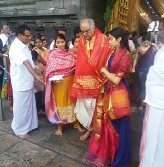 Ahead of the release of her first film, 'Dhadak', Jahnvi Kapoor, along with father Boney Kapoor and sister Khushi Kapoor, headed to Tirumala Tirupati temple to offer prayers on Sunday. The 21-year-old, who is all set to make her Bollywood debut with the Shashank Khaitan-directorial, paid a visit to Tirupati to seek the blessings of Lord Venkateswara. The actor is currently busy with the promotions of the film, which is all set to hit the big screens on July 20. An official adaptation of 'Sairat', 'Dhadak' also stars Ishaan Khatter in the lead role.