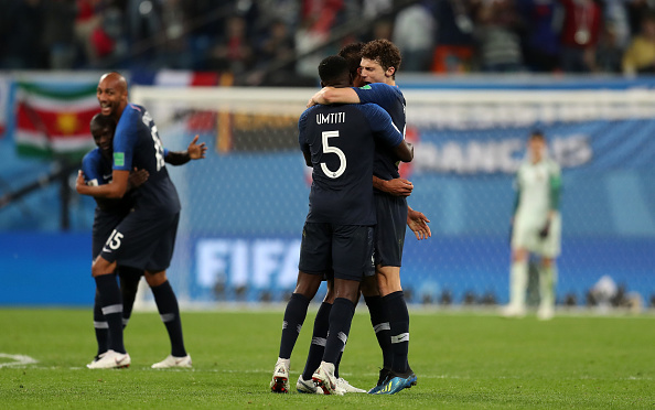 Benjamin Pavard and Samuel Umtiti of France celebrate the win after the 2018 FIFA World Cup Russia Semi Final match between Belgium and France at Saint Petersburg Stadium on July 10, 2018 in Saint Petersburg, Russia. FIFA World Cup,FIFA World Cup 2018,France beat Belgium,France trash Belgium,France reach finals,France finals,France beat Belgium 1-0,Belgium,FIFA World Cup finals