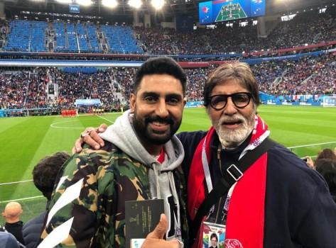 B-town's coolest father-son duo, Amitabh Bachchan, and Abhishek Bachchan, who are currently holidaying in Russia, headed to catch the first semi-finals of the ongoing 21st edition of the FIFA World Cup 2018. Junior Bachchan is a well-known football enthusiast and even owns a club in an Indian League. However, it seems that senior Bachchan has joined his son's interests. Taking to his social media handle, the 'Housefull 3' star posted a snap of himself and his father holding the tickets for the semi-final clash between France and Belgium at the Saint Petersburg Stadium. In the post, Junior Bachchan also congratulated France for entering the finals of the prestigious tournament following their 1-0 win over Belgium. He wrote, 