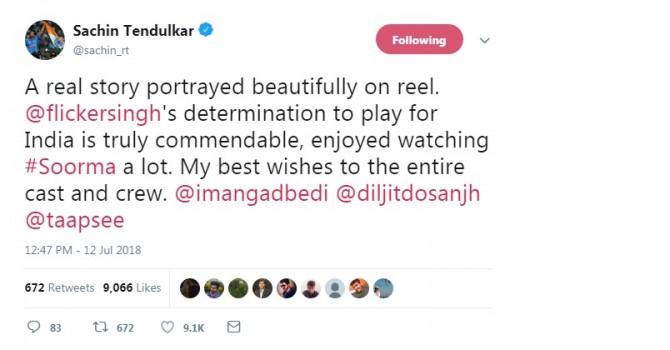 Master blaster Sachin Tendulkar gave a thumbs up to Diljit Dosanjh's upcoming flick, 'Soorma' after attending the screening of the film. 'Soorma' is based on the life of legendary hockey player Sandeep Singh. Taking to his Twitter, Tendulkar stated that the movie is a must watch as he praised the inspiring story. 