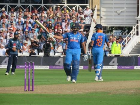 A maiden fifer for Kuldeep Yadav (6/25) followed by Rohit Sharma's unbeaten 137-run knock sealed a comfortable eight-wicket victory for India in the first match of the three-match One-Day International (ODI) rubber at Tent Bridge here on Thursday. The visitors dominated England, the No. 1 ODI side, in all departments of the game as the men in blue took a 1-0 lead in the series with 59 balls to spare. It was Kuldeep's magnificent bowling display before which the English batting line-up succumbed and later, Rohit and skipper Virat Kohli (75) helped India overcome the 269-run target with ease. Chasing 269 for victory, openers Shikhar Dhawan and Rohit started the proceedings cautiously as they took India past the 50-run mark in just 6.5 overs when the centurion lofted the ball in the air over mid-off to clean the stands. Dhawan fell early becoming a victim of Moeen Ali in the eighth over leaving India at 59/1.