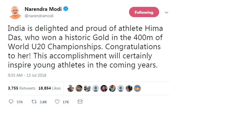 PM Narendra Modi posted: India is delighted and proud of athlete Hima Das, who won a historic Gold in the 400m of World U20 Championships. Congratulations to her! This accomplishment will certainly inspire young athletes in the coming years. Akshay Kumar,Amitabh Bachchan,Sachin Tendulkar,Virender Sehwag,Rahul Gandhi,Narendra Modi,Hima Das,Hima Das gold,HIma Das gold medal 400m video highlights
