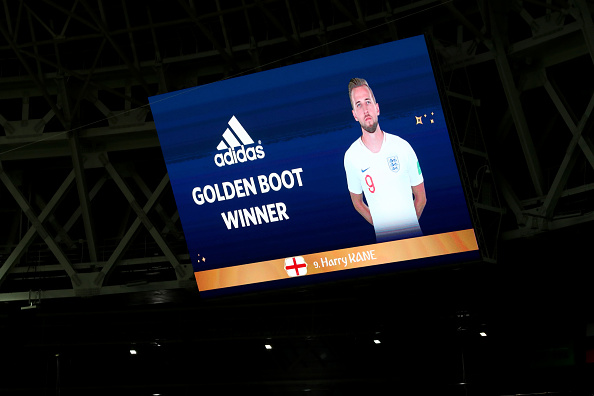 The big screen displays that Harry Kane of England is the winner of the Golden Boot award during the 2018 FIFA World Cup Final between France and Croatia at Luzhniki Stadium on July 15, 2018 in Moscow, Russia. Harry Kane,Luka Modric,Harry Kane wins Golden Boot,Golden Boot,Luka Modric bags Golden Ball,Luka Modric Golden Ball,Golden Ball