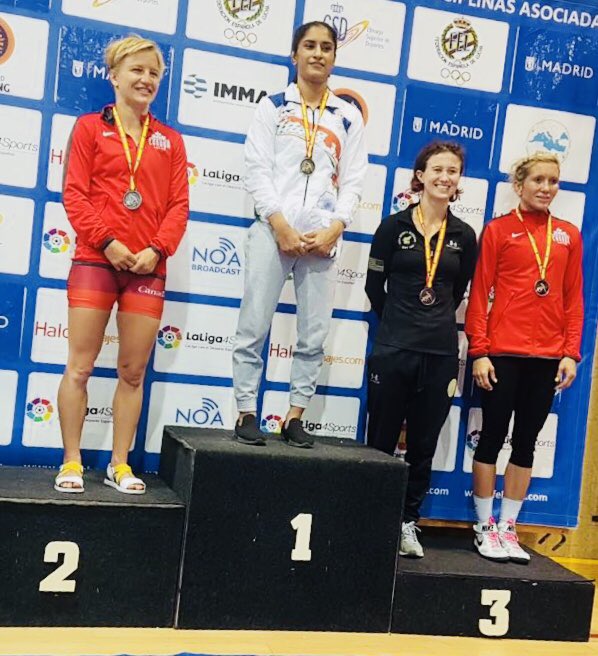 India's Vinesh Phogat clinched the gold medal at the Spanish Grand Prix wrestling tournament, thrashing Natasha Fox of Canada 10-0 in the final of the women's 50 kilogram freestyle category here on Sunday. It was a cake walk for the Indian wrestler via technical superiority to clinch the gold medal. The Canadian wrestler never looked in contention as Vinesh dominated proceedings right from the start. The Indian built up a 10-0 lead in the first period itself, thus winning the bout by technical superiority. Wrestler Vinesh Phogat,Vinesh Phogat,Vinesh Phogat wins gold,Spanish Grand Prix,Spanish Grand Prix wrestling,Natasha Fox
