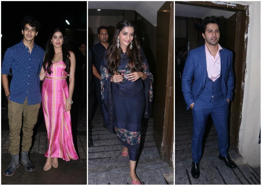 Bollywood movie Dhadak witness a bucket full of stars at the special screening which held last night in Mumbai. The makers held a screening of Dhadak for close friends and family members in the city. Celebs like Ishaan Khattar, Janhvi Kapoor, Boney Kapoor, Khushi Kapoor, Varun Dhawan, Sonam K Ahuja, Vandana Sajnani, Shanaya Kapoor, Ananya Pandey, Manish Malhotra, Maheep Sandhu, Jahaan Kapoor, Sanjay Kapoor, Karan Johar, Ishaan Khatter, Neelima Azeem, Anil Kapoor, Ananya Pandey and others graced the event. Dhadak is a romantic drama directed by Shashank Khaitan, produced by Dharma Productions and Zee Studios. A remake of the 2016 Marathi film "Sairat", it is scheduled to be released on July 20. Dhadak special screening,Dhadak special screening pics,Dhadak special screening images,Dhadak special screening stills,Sonam K Ahuja,Varun Dhawan,Ishaan Khattar,Janhvi Kapoor,Dhadak review,Dhadak movie review