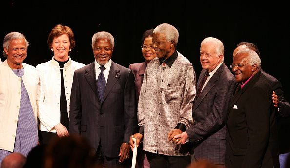 Nelson Mandela (C), celebrating his 89th birthday, stands flanked by ex-US president Jimmy Carter (2R) former UN chief Kofi Annan (2L), his wife Graca (3L), Archbishop Desmond Tutu (R) during the launching ceremony of the group known as The Elders 18 July 2007 in Johannesburg. A brains trust of elder statesmen such as ex-US president Jimmy Carter and former UN chief Kofi Annan, former Chinese foreign minister Li Zhaoxing, former Irish president Mary Robinson and Bangladeshi Nobel prize winner Muhammad Yunus was launched today with a call to bring hope to a conflict-ridden world. Mandela said 'Together we will work to support courage where there is fear, foster agreement where there is conflict and inspire hope where there is despair.' Nelson Mandela (C), celebrating his 89th birthday, stands flanked by ex-US president Jimmy Carter (2R) former UN chief Kofi Annan (2L), his wife Graca (3L), Archbishop Desmond Tutu (R) during the launching ceremony of the group known as The Elders 18 July 2007 in Johannesburg. A brains trust of elder statesmen such as ex-US president Jimmy Carter and former UN chief Kofi Annan, former Chinese foreign minister Li Zhaoxing, former Irish president Mary Robinson and Bangladeshi Nobel prize winner Muhammad Yunus was launched today with a call to bring hope to a conflict-ridden world. Mandela said 'Together we will work to support courage where there is fear, foster agreement where there is conflict and inspire hope where there is despair.' Nelson Mandela 100th birthday,Nelson Mandela birthday,Nelson Mandela rare pics,Nelson Mandela rare images,Nelson Mandela rare stills,Nelson Mandela rare pictures,Nelson Mandela rare photos,Nelson Mandela unseen pics,Nelson Mandela unseen images,Nelson Man