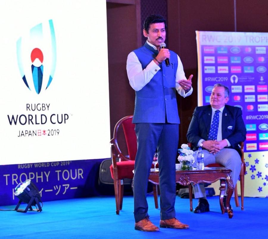 Rathore interacts with media Rajyavardhan Rathore,Rajyavardhan Singh Rathore,Rugby World Cup 2019,Rugby World Cup,Rugby World Cup trophy,Rugby World Cup in India