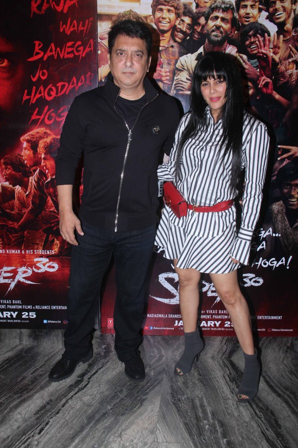 Sajid Nadiadwala with wife Wardha Mrunal Thakur,Sajid Nadiadwala,Wardha Nadiadwala,Vikas Bahl,Ajay-Atul,Aditya Srivastava,Virendra Saxena,Amit Sadh,Hrithik Roshan,Super 30 wrap up party,Super 30 wrap party,celebs at Super 30 wrap party