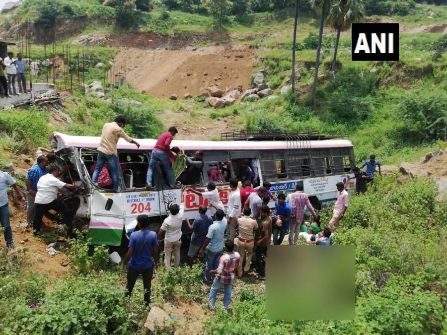 The bus returning from Kondagattu to Jagital skidded off the ghat road near Shanivarapet village Kondagattu accident,Kondagattu bus accident,Telangana bus accident,TSRTC bus falls,TSRTC bus accident,Jagitial district