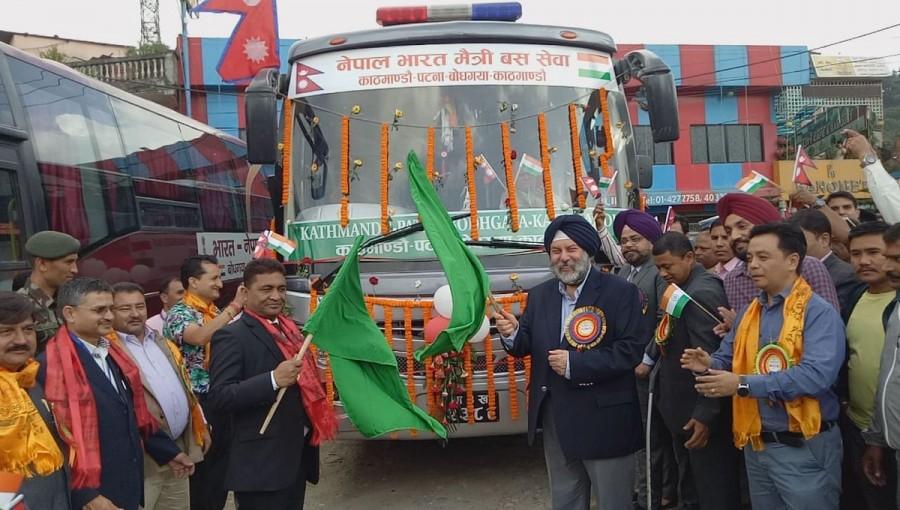 Bus service connecting Kathmandu-Bodhgaya flagged off Kathmandu-Bodhgaya,Kathmandu-Bodhgaya bus service,KP Sharma Oli,CM KP Sharma Oli,Prime Minister KP Sharma Oli,Kathmandu to Bodhgaya,Kathmandu to Bodhgaya bus